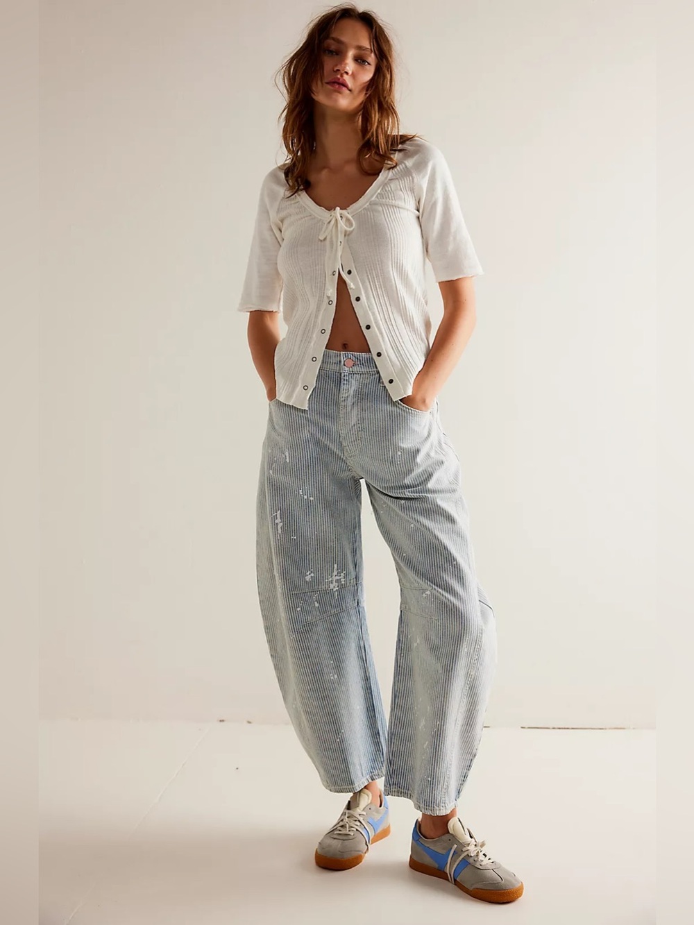 Free People We The Free Good Luck Mid-Rise Stripe Barrel Jeans